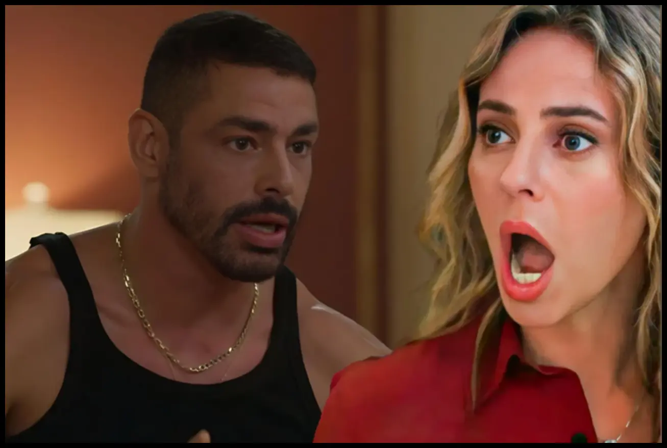 Odete Roitman, em um vestido elegante, e César, em terno, trocando olhares intensos em um cenário luxuoso da novela Vale Tudo.