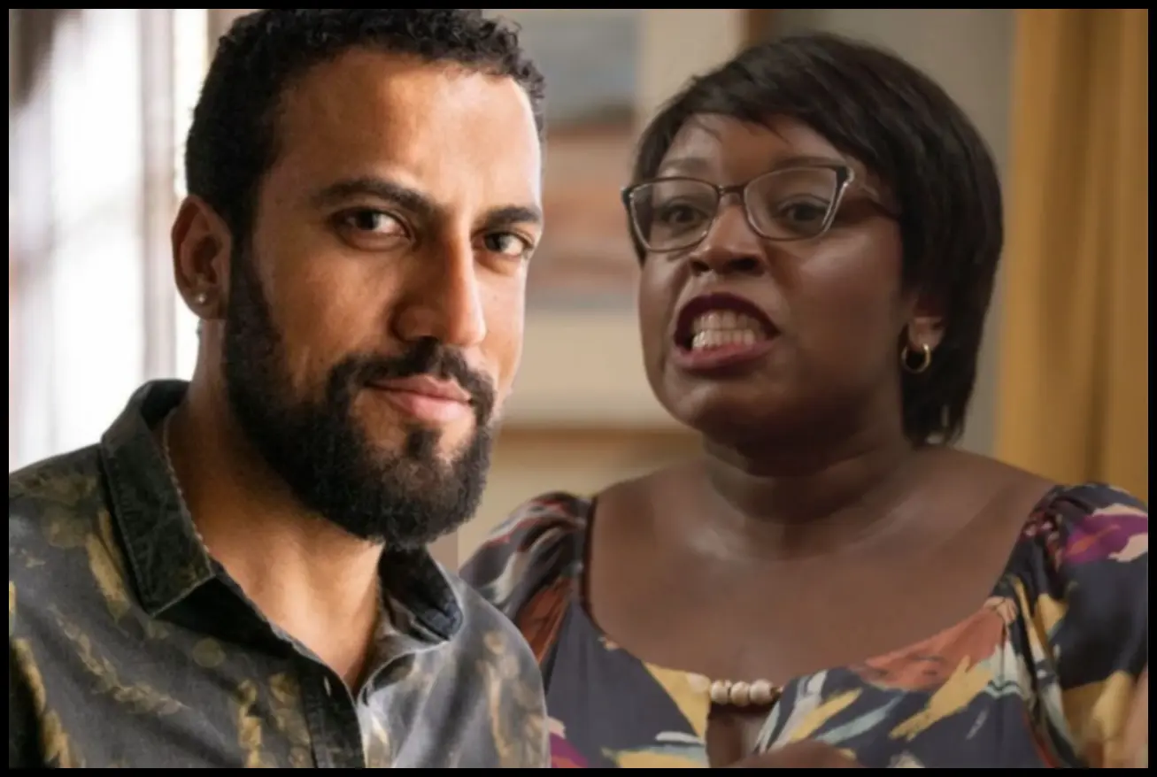 Consuelo em cena de reflexão, com a imagem de Olavo ao fundo, em Vale Tudo.