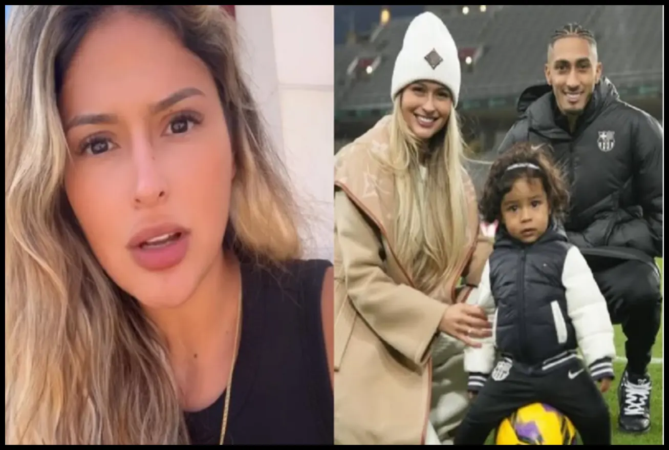 Natalia Belloli, esposa de Raphinha, e seu filho Gael, em imagem que representa o desabafo sobre o tratamento no parque.